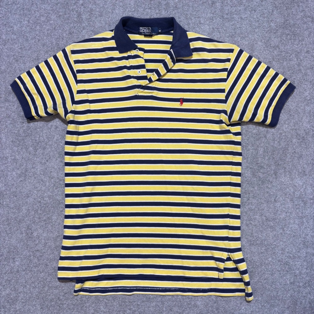 Polo Ralph Lauren Mens Medium Yellow Navy Striped Pique Short Sleeve Polo Shirt